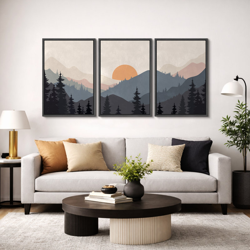"Sun Mountain Landscape" Tranquil Orange Sunset Layered Hills, Reproduction avec cadre flottant, H 36 po x l 72 po, Noir
