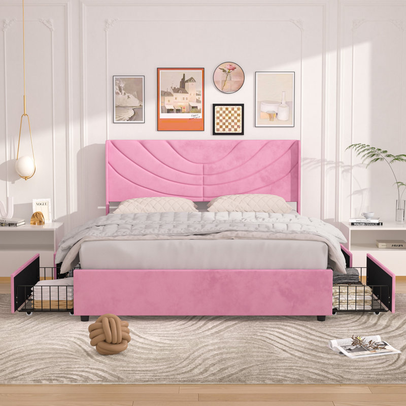 Auxter Full Size Upholstered Bed Frame with 4 Storage Drawers and Storage Wingback Headboard, Velvet Full Platform Storage Bedframe, Mattress Foundation with Wooden Slats Support, No Box Spring Needed, Pink