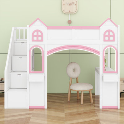 Wood Castle Loft Bed with Practical Stair Storage, Desk, LED Lights, and Display Shelves