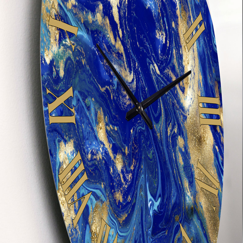 Or et bleu marbré texture ondulée II - horloge murale moderne, Petit