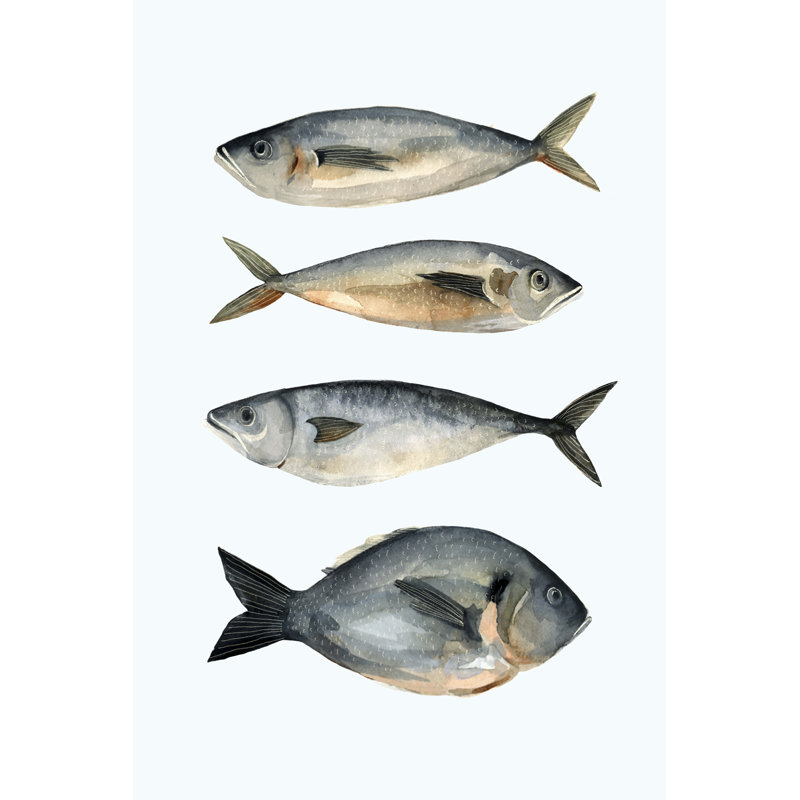 'Four Fish I' by Emma Scarvey - Painting Print, 48cm H x 32cm W, Black Floater Framed