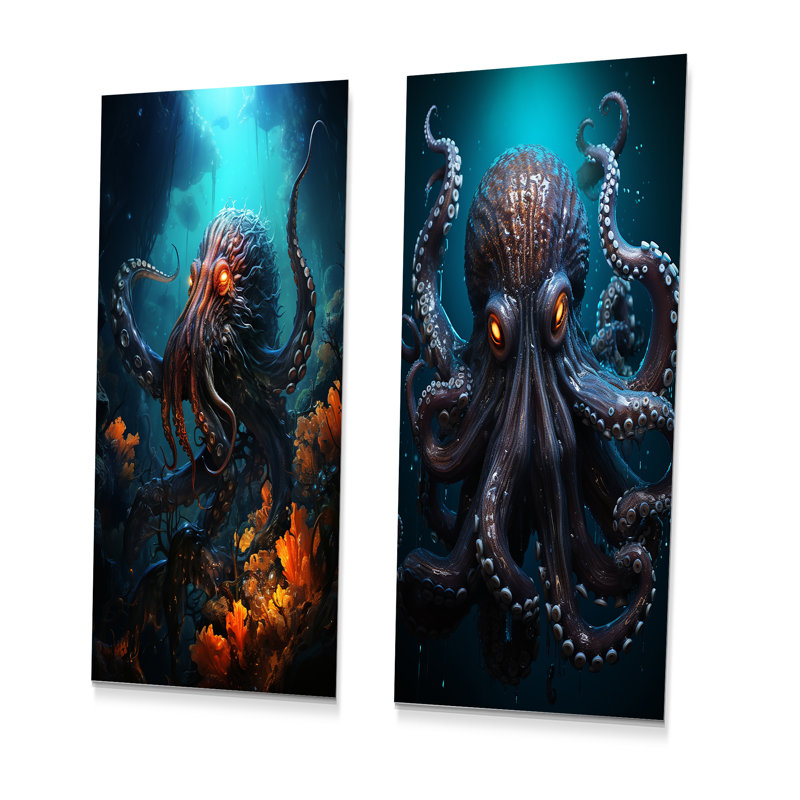 Superheros Octopus Warrior - ensemble de 2 reproductions d'art mural en métal poulpe / calmar, H 28 po x l 24 po