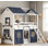 Lit simple superposé en bois avec fenêtres élégantes, rebords et tente, bleu et blanc, parfait pour le jeu et le sommeil des enfants