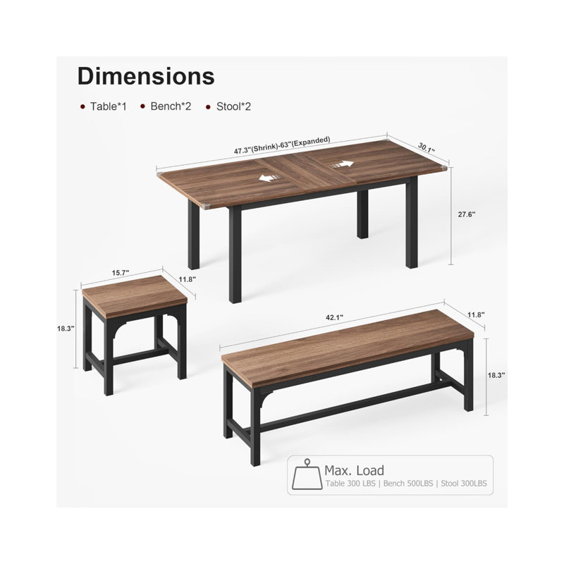  5-pcs(2 Benches & 2 Stools),dining Table Set For 6-8 With Benches And Stools
