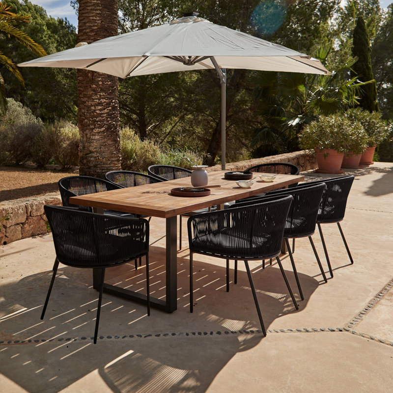 Fabiano Rectangular Long Dining Set with Cushions and Umbrella, 75cm H x 235cm W x 90cm D, Black with Cream Parasol, 8