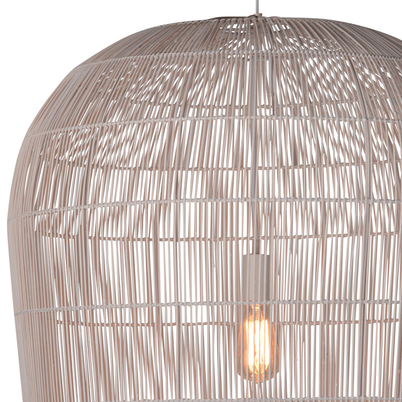 Baldy Indoor Iron Pendant Light w/ Rattan Accents, Cream