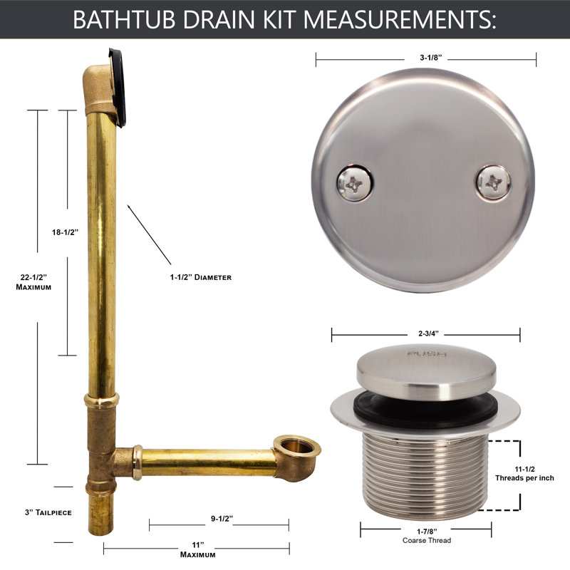 Assemblage de drain de baignoire 22 "en laiton de calibre 17 avec pieds à bout et débordement à 2 trous, Acier inoxydable
