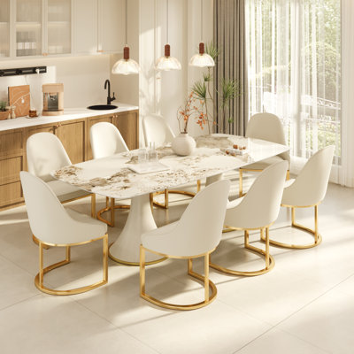Table de salle à manger moderne 86,6 "/ 93,7" en pierre frittée avec base en bois massif blanc et doré pour 6 à 10 personnes