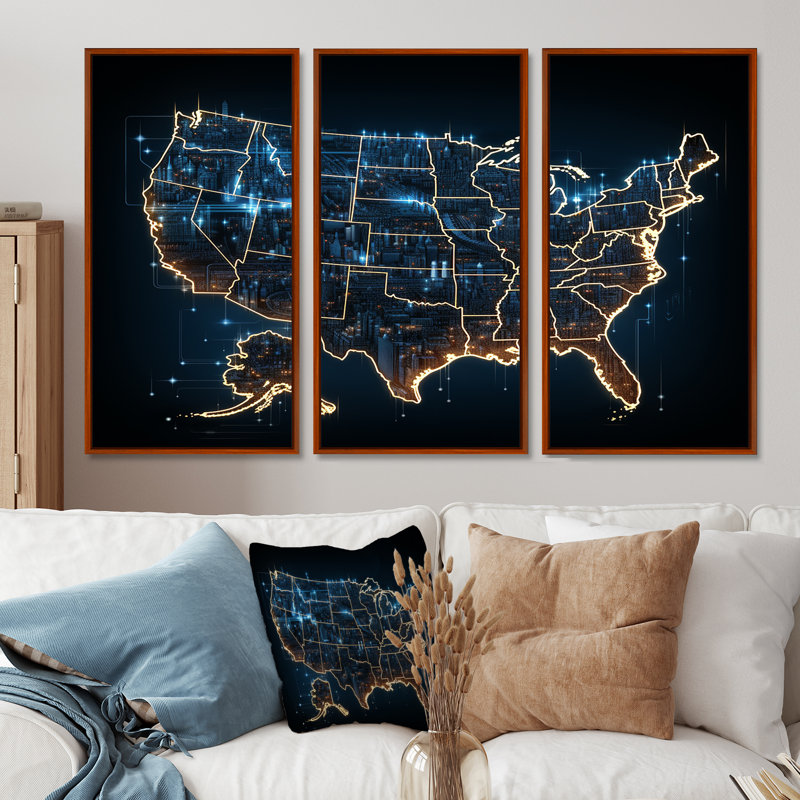 Carte des États-Unis, points lumineux - ensemble d'art sur toile, carte des États-Unis, H 40 po x l 60 po