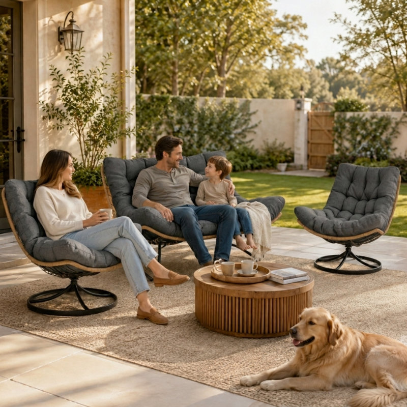 Ensemble de conversation Soltura 3 pièces en résine tressée PE avec 2 fauteuils pivotants à 360°, une causeuse et des coussins, pour 4 personnes à l'extérieur
