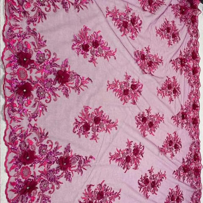 Magenta Premium 3D Beaded Lace Fabric by the Yard, 54 Inch Wide Embellished Mesh with Beads & Sequins for Bridal Gowns & Evening Dresses - Valentina Textile Inc