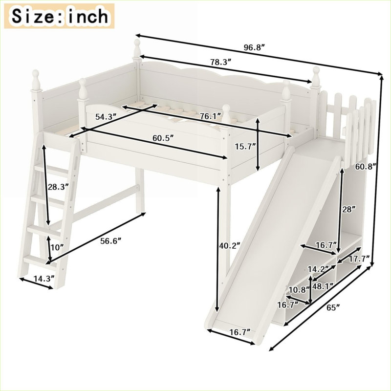 Lit mezzanine double pour enfant avec tablettes de rangement, garde-robe et glissade amovible, lin en bois massif beige