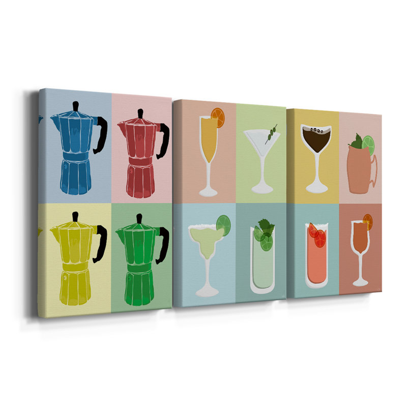 Moka Pot Colorblock - Toile tendue avec châssis sur mesure - 3 pièces, H 12 po x l 24 po