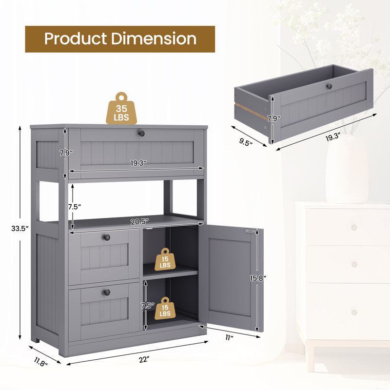 Armoire de rangement multifonctionnelle 3 tiroirs et 1 porte, Gris
