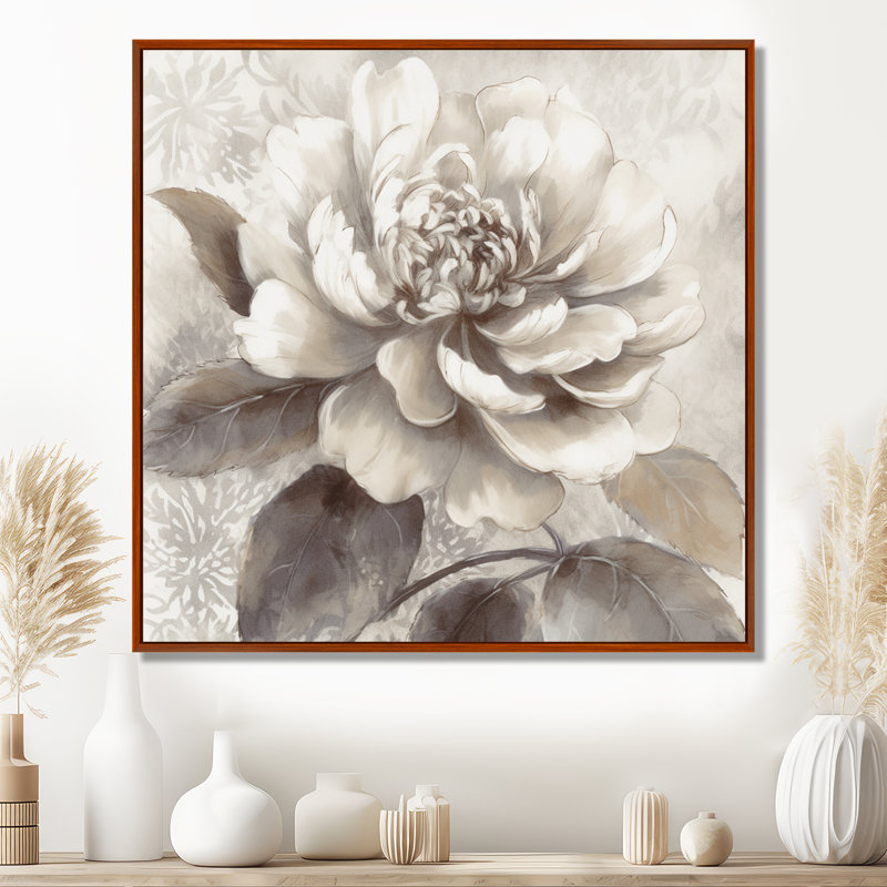 Pivoines grises sur branche II - art mural encadré de pivoines florales pour le salon, H 30 po x l 30 po x P 1 po