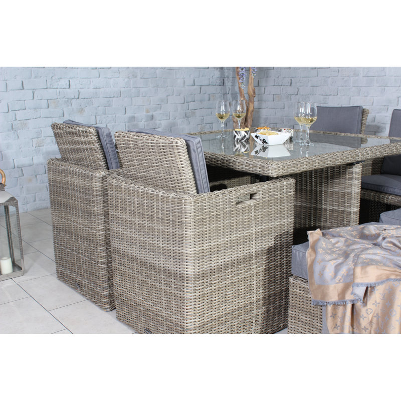 WENTWORTH 8 Seater Cube Set (1 x 125cm x 125cm Square Table with Parasol Hole, 4 x Chairs with Folding Backrest & 4 x Integral Stools inc Cushions)