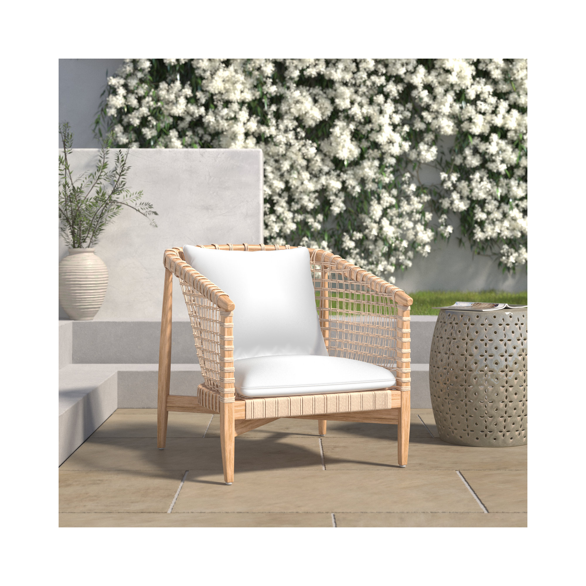 Izel Teak Outdoor Lounge Chair, White, Natural