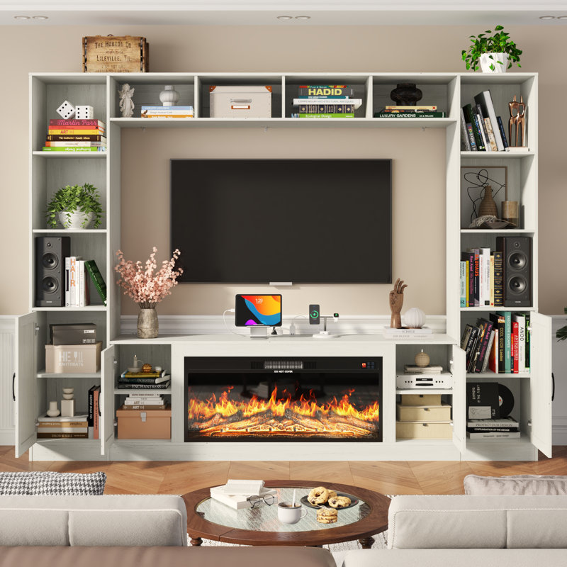 103" Entertainment Center/TV Stand With Electric Fireplace For Tvs Up To 80" With Charging Station, Barn Door Cabinets, And Bookcase