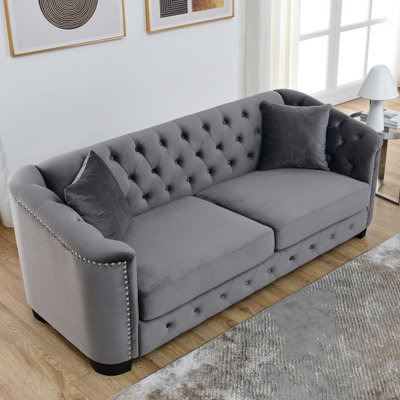 Canapé Chesterfield 77 po 77 po - 3 places, capitonné, clouté, 2 coussins - gris