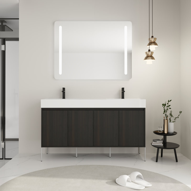 Meuble-lavabo de 60 po avec lavabos doubles en résine et armoire de rangement avec portes à fermeture en douceur