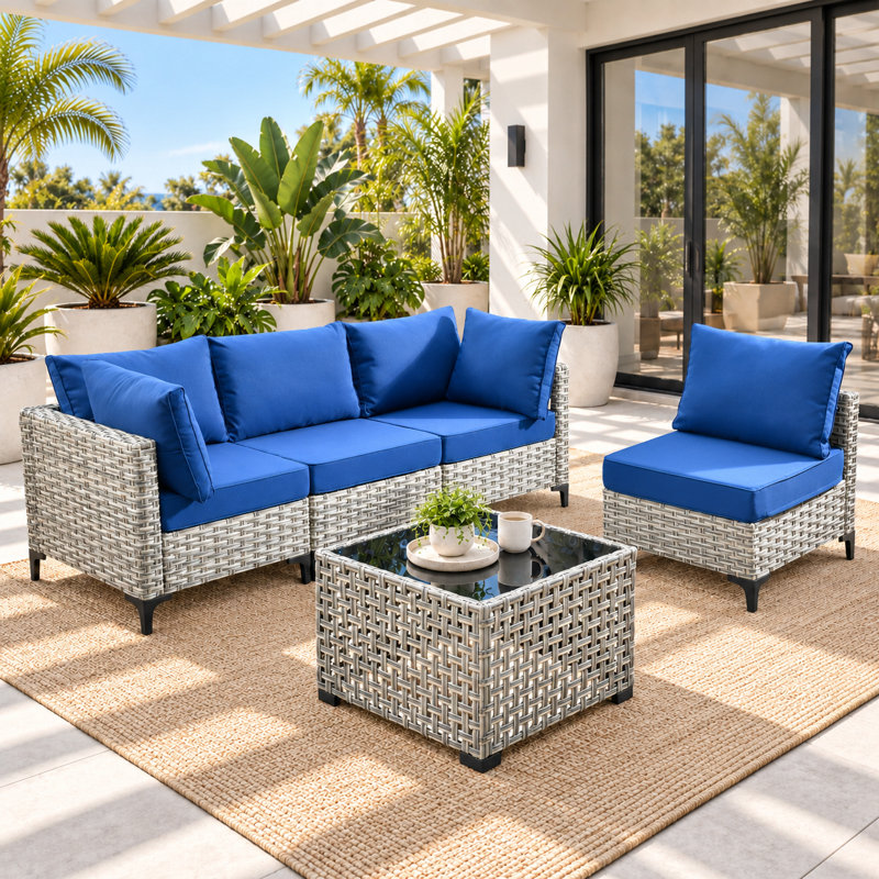 Ensemble de canapé d'extérieur en rotin tissé haute densité 5 pièces avec table basse lumineuse, Marine