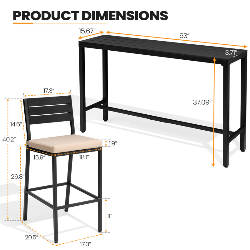 Ensemble de bar de salle à manger rectangulaire en métal pour 4 personnes L 126 po, Beige, Noir