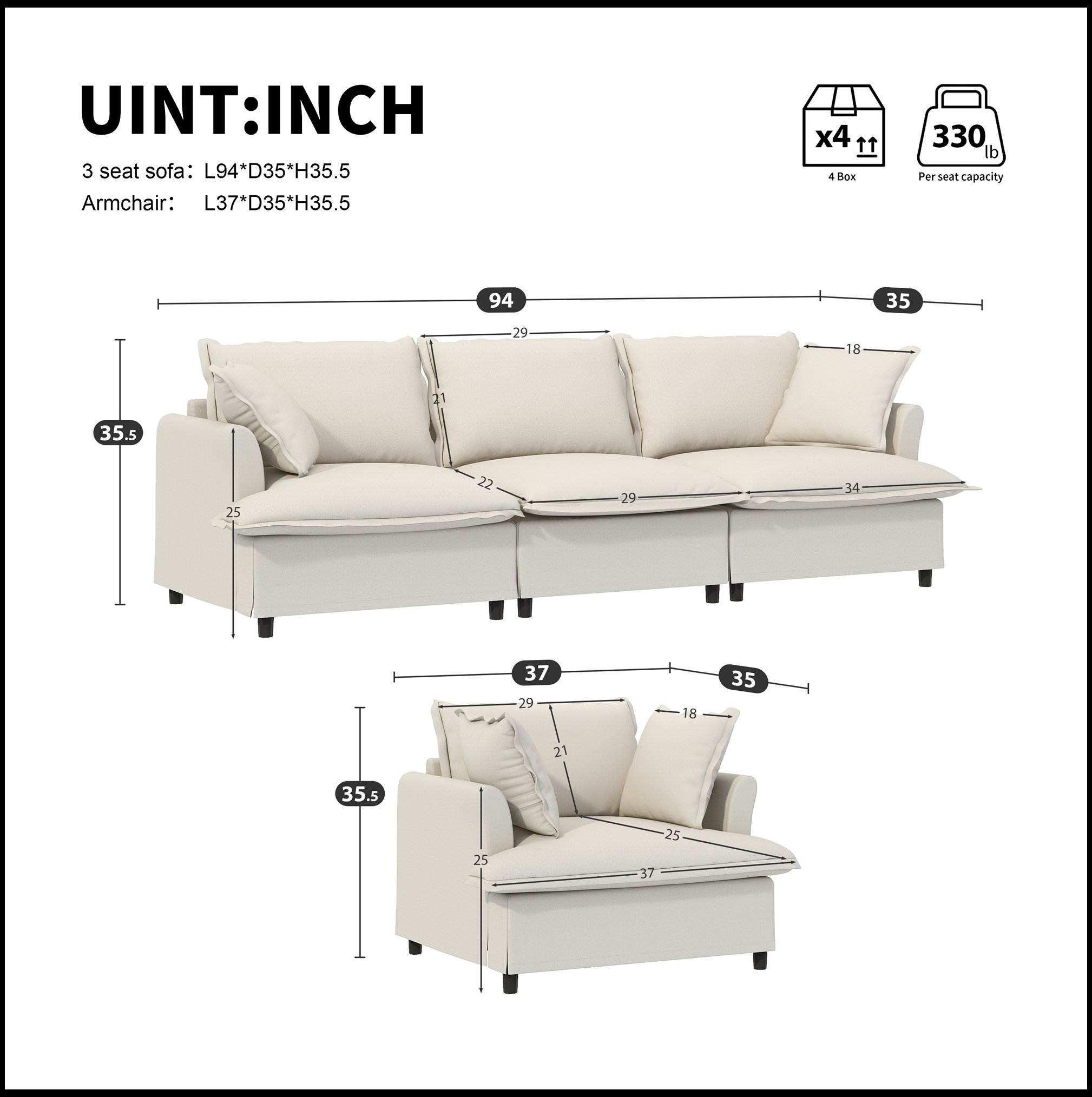 Ebern Designs 2 Piece Living Room Sofa Set With Throw Pillows,Chenille ...