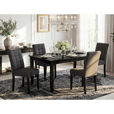 5 Piece Dining Table Set consists A Modren Table and 4 Dark Gray Polyester Fabric Wooden Chairs with Stylish Back- Black Finish