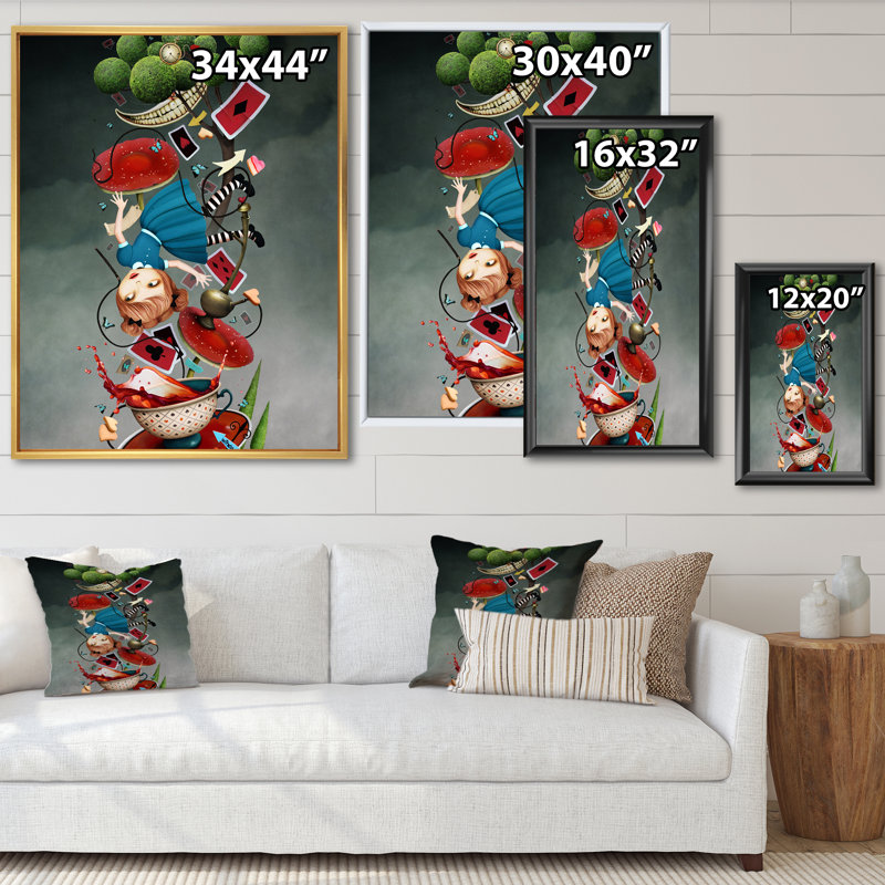 Alice au pays des merveilles tombant dans le trou du lapin - peinture sur toile, Cadre flottant doré, H 40 po x l 30 po