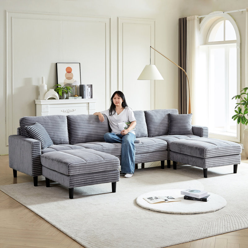 Velours côtelé gris en forme de U avec 2 coussins et deux repose-pieds pour se détendre, Velours côtelé gris