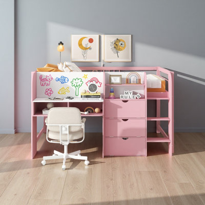 Lit mezzanine avec bureau intégré, bibliothèque, trois armoires de rangement, rangement sous le lit, barrière de sécurité et échelle - Mobilier de chambre d'enfant peu encombrant avec tableau blanc Doodle