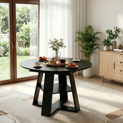 Oval Extendable(43.3Inch-59Inch) Round Kitchen Dining Table, With Removable Leaves, Wood Base And Storage Shelf, For Kitchen, Living Room, Black