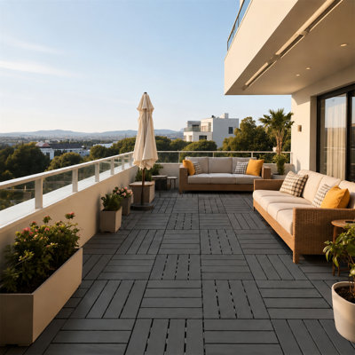 Paquet de 44 tuiles de terrasse emboîtables en plastique gris foncé de 12 po x 12 po imperméables, imperméables et résistantes aux intempéries pour terrasse, piscine, balcon et terrasse