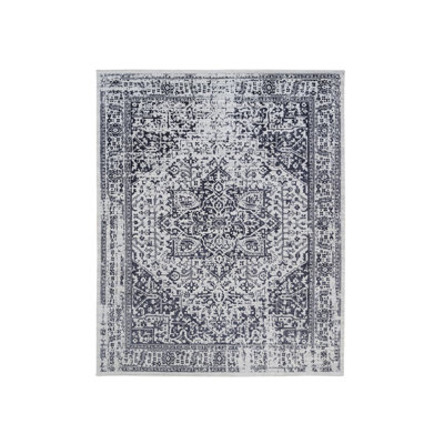 Tapis oriental rectangulaire noir en laine et en soie tissé à la main 8 pi 0 po x 10 pi 0 po - MOA10263787
