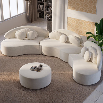 Modern 7 Seat Sectional Sofa Curved Modular Velvet Upholstered With Ottoman