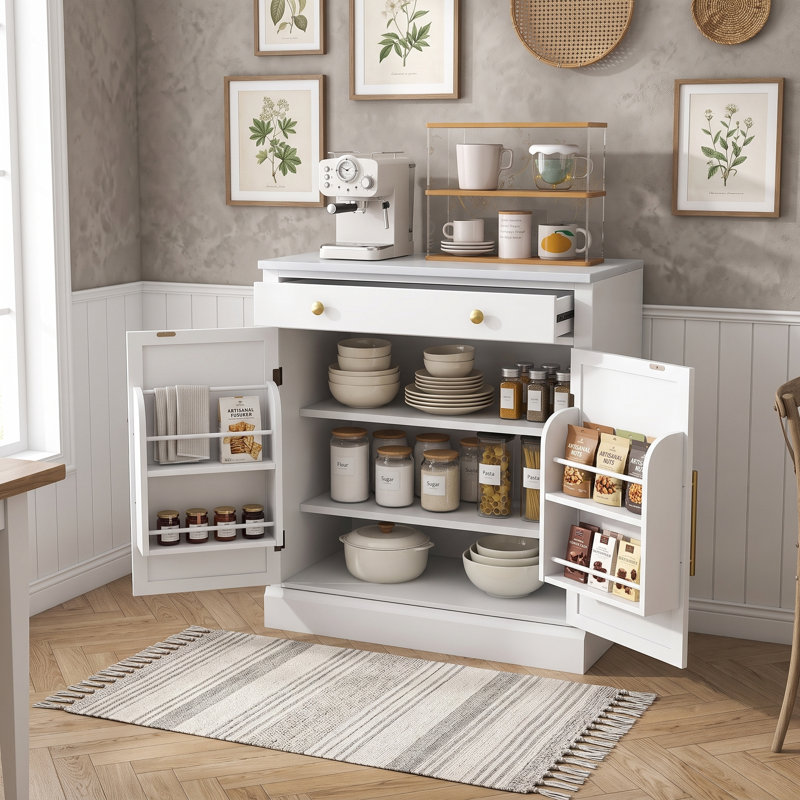 Modern Freestanding Wooden Sideboard with Faux Marble Top, Adjustable Shelves and Drawer, White/Gold