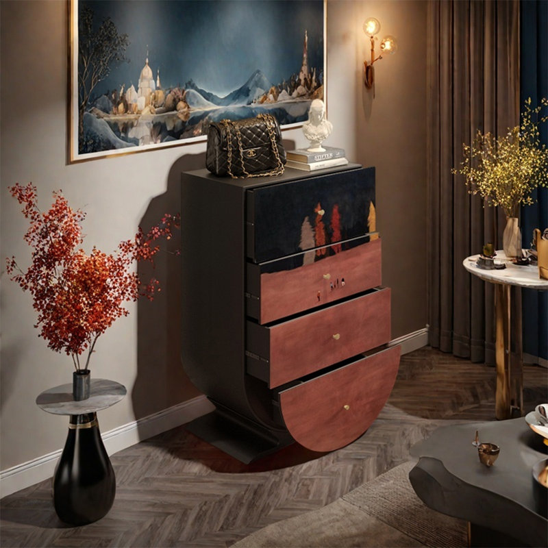 Walnut Wood Storage Cabinet with 4 Large Drawers