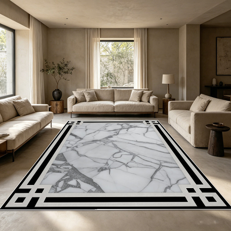 Marble Pattern Area Rug, Modern Abstract Veined Floor Carpet with Decorative Border, Soft Washable Low-Pile Rug for Living Room, Bedroom, Dining Room, Office
