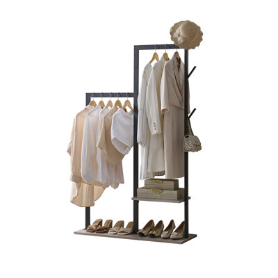 Vista Freestanding Garment Rack with Dual-Level Hanging, Lower Storage Shelf, and Side Hooks in Textured Black and Gray