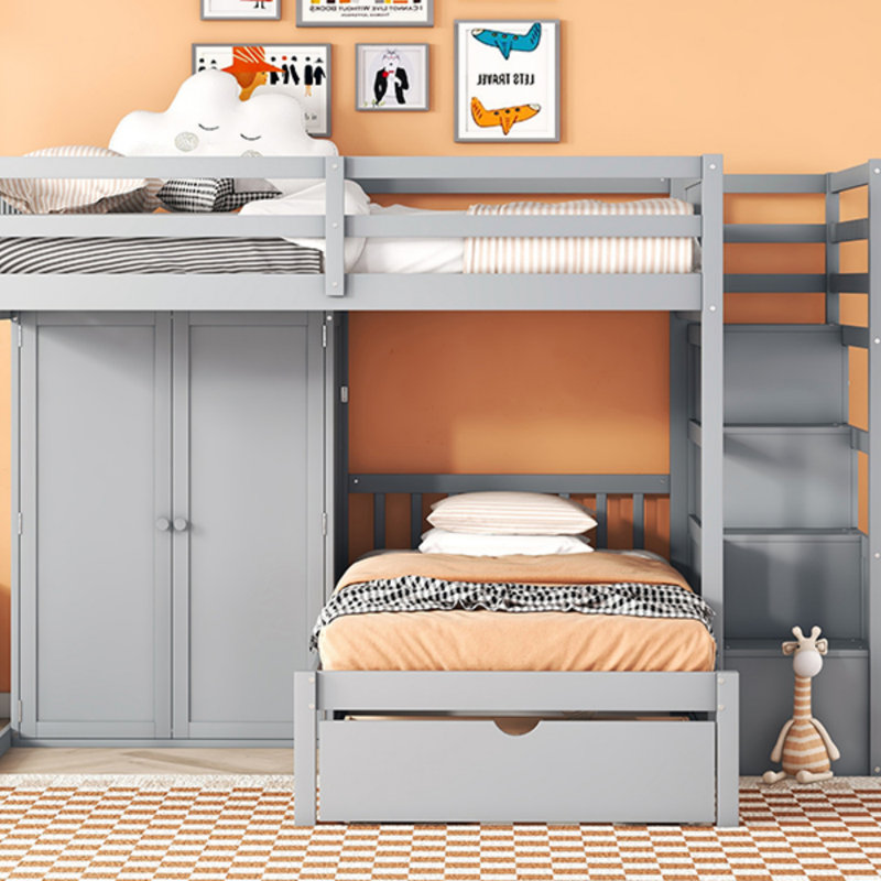 Lit superposé double au-dessus de simple avec garde-robe et tiroirs, gris