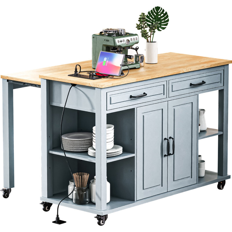 Îlot de cuisine avec table de salle à manger extensible K&K, Bleu