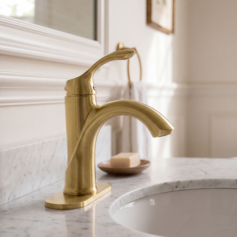 Robinet de lavabo de salle de bain monocorps et monocommande avec plaque de pont et drain Kore, Or brossé