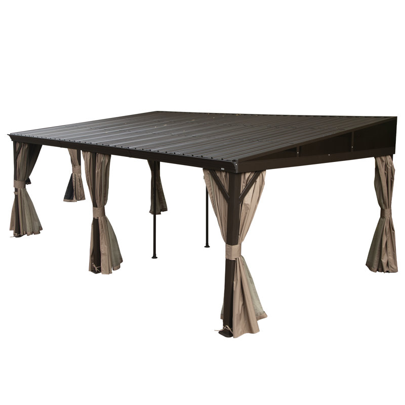 Lean To Gazebo, Hardtop Wall Mounted Gazebo With Sloping Galvanized Steel Roof, Aluminum Frame, Drainage System, Curtains And Netting, For Patio, Deck, Garden, Backyard