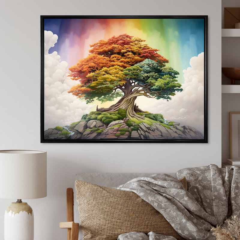 Mythique arbre majestueux avec arc-en-ciel I sur toile, H 24 po x l 32 po, Cadre flottant noir