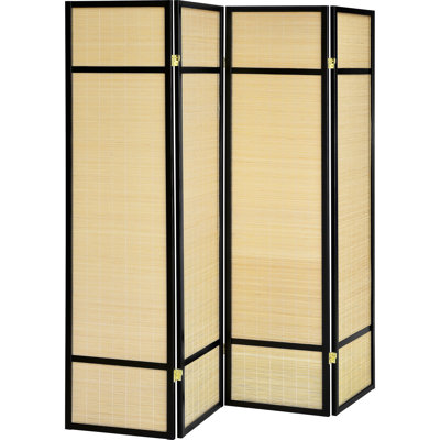 Paravent pliable à quatre panneaux avec cadre naturel, charnières noires et charnières en métal, idéal pour créer un espace fonctionnel dans le paravent, portatif, pliable, aspect texturé, cadre, intérieur divers adapté