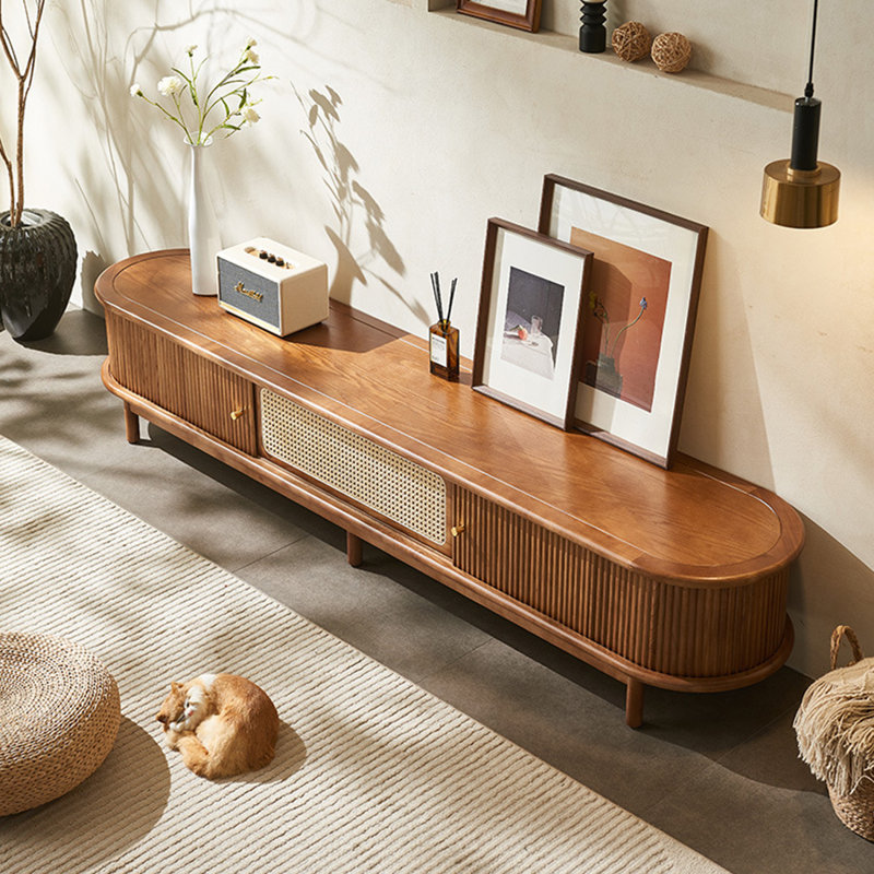 Meuble télé en bois de frêne de haute qualité avec tiroir en rotin, H 14,96 po x L 70,86 po x l 16,53 po, Brun