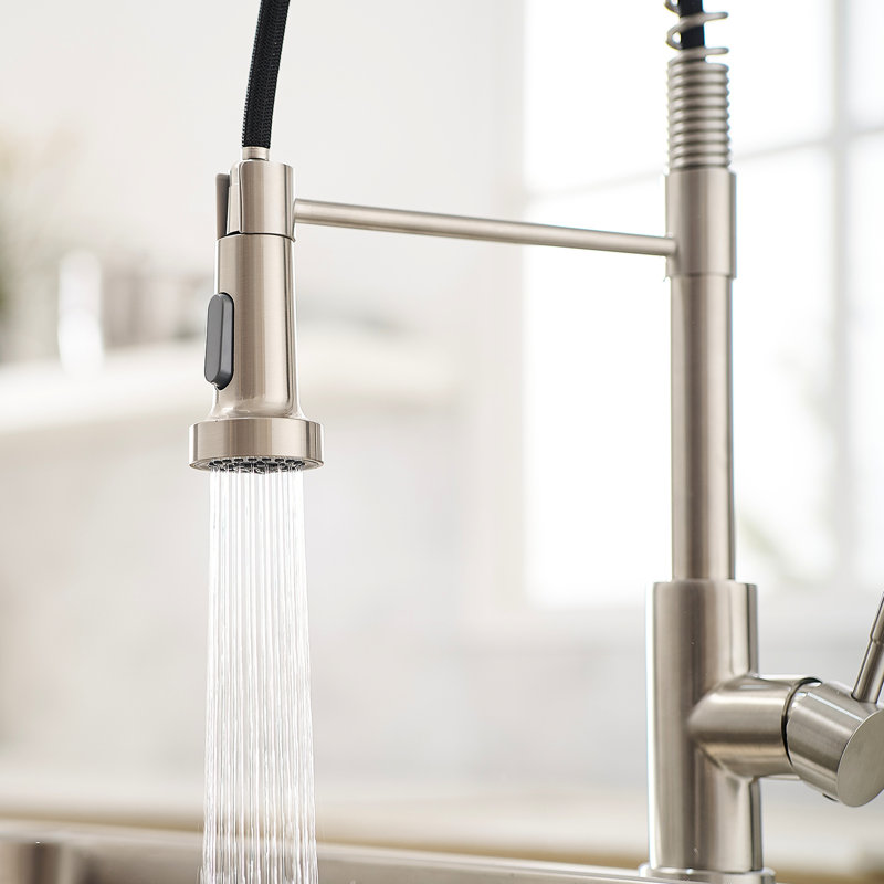 Elegant Brushed Nickel Kitchen Sink Faucet With Pullout Spray - Ceramic Filler, Stable Water Temperature, Easy Installation And Maintenance Contemporary In Pull Out , Leak- Design, Finish