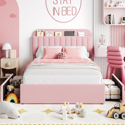 Bed Frame with 2 Flexible Drawers and Bookcase Headboard, Boucle Upholstered Platform Bed, Noise-Free, Easy Assembly, No Box Spring Needed