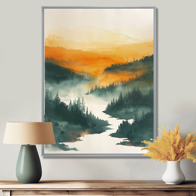 Orange vert forêt sauvage au coucher du soleil IV - forêt, art mural salon