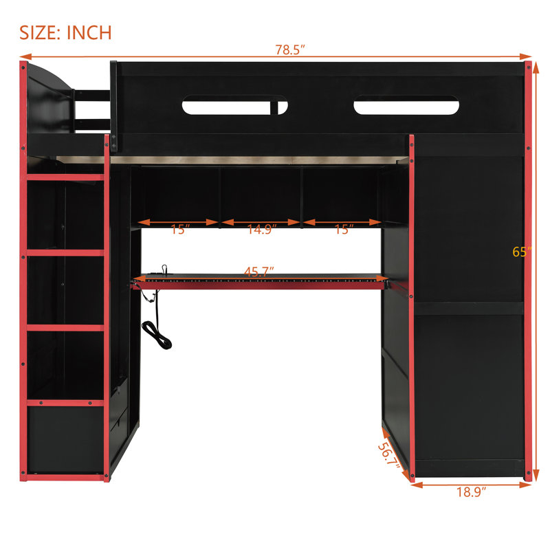 Full Size Wood Loft Bed with Desk, Wardrobe, Spacious Storage & RGB Lights, Space-Saving Bedroom Bed, Red, Red